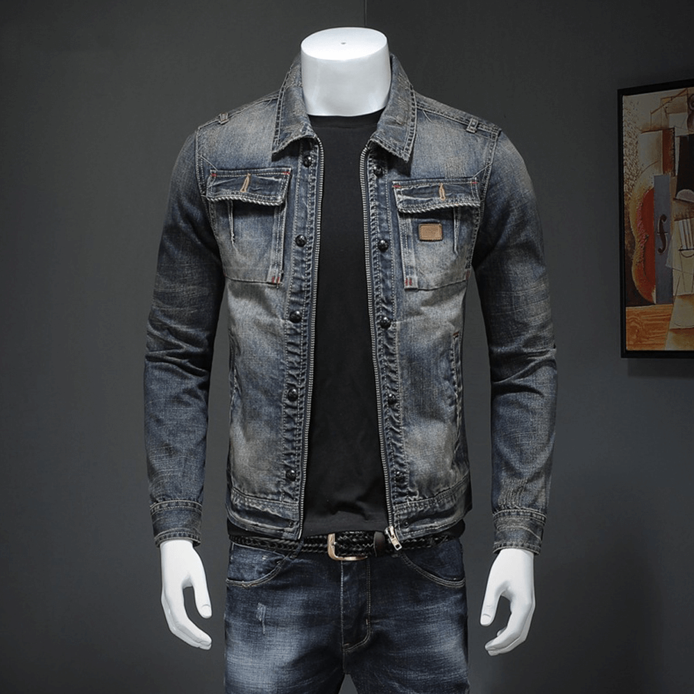 Stylish denim jacket for men featuring a fitted cut, perfect for casual outfits and versatile styling options.