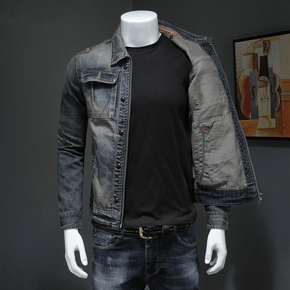 Men's gray denim jacket in casual style, showcasing fitted cut and stylish design, perfect for versatile outfits.
