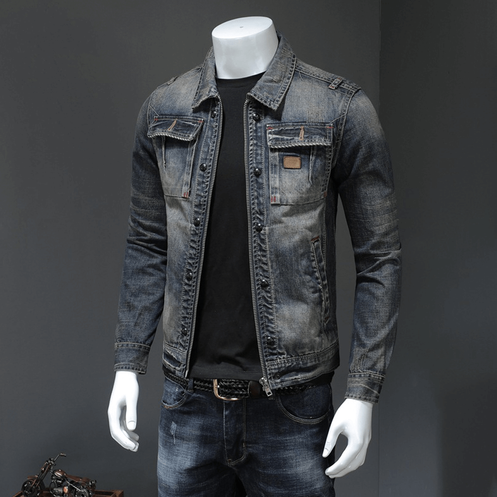 Men's gray denim jacket showcasing casual style with a fitted cut, perfect for versatile outfits.