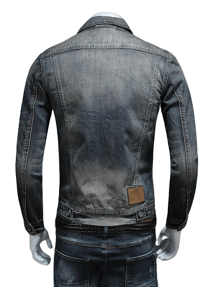 Back view of a stylish gray denim jacket for men, showcasing a fitted cut and casual design.