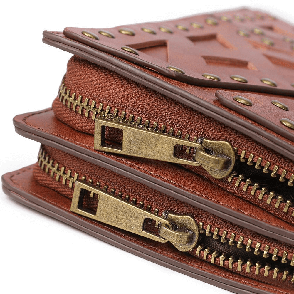Fashion Double Zipper Stitching Wallet With Rivets / Punk Hand Purse - HARD'N'HEAVY
