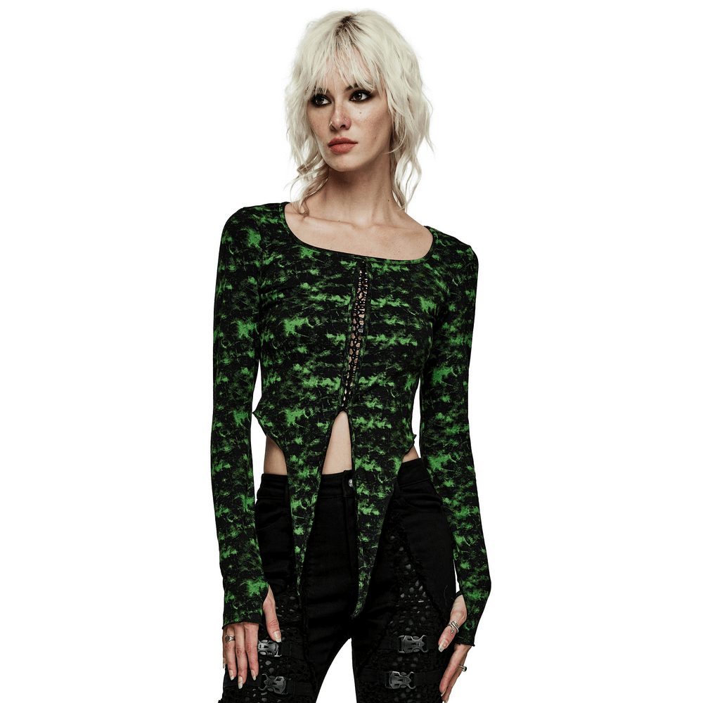 Edgy punk long sleeve knit top with irregular hem, featuring a square neck and sexy drawstrings in a striking green design.