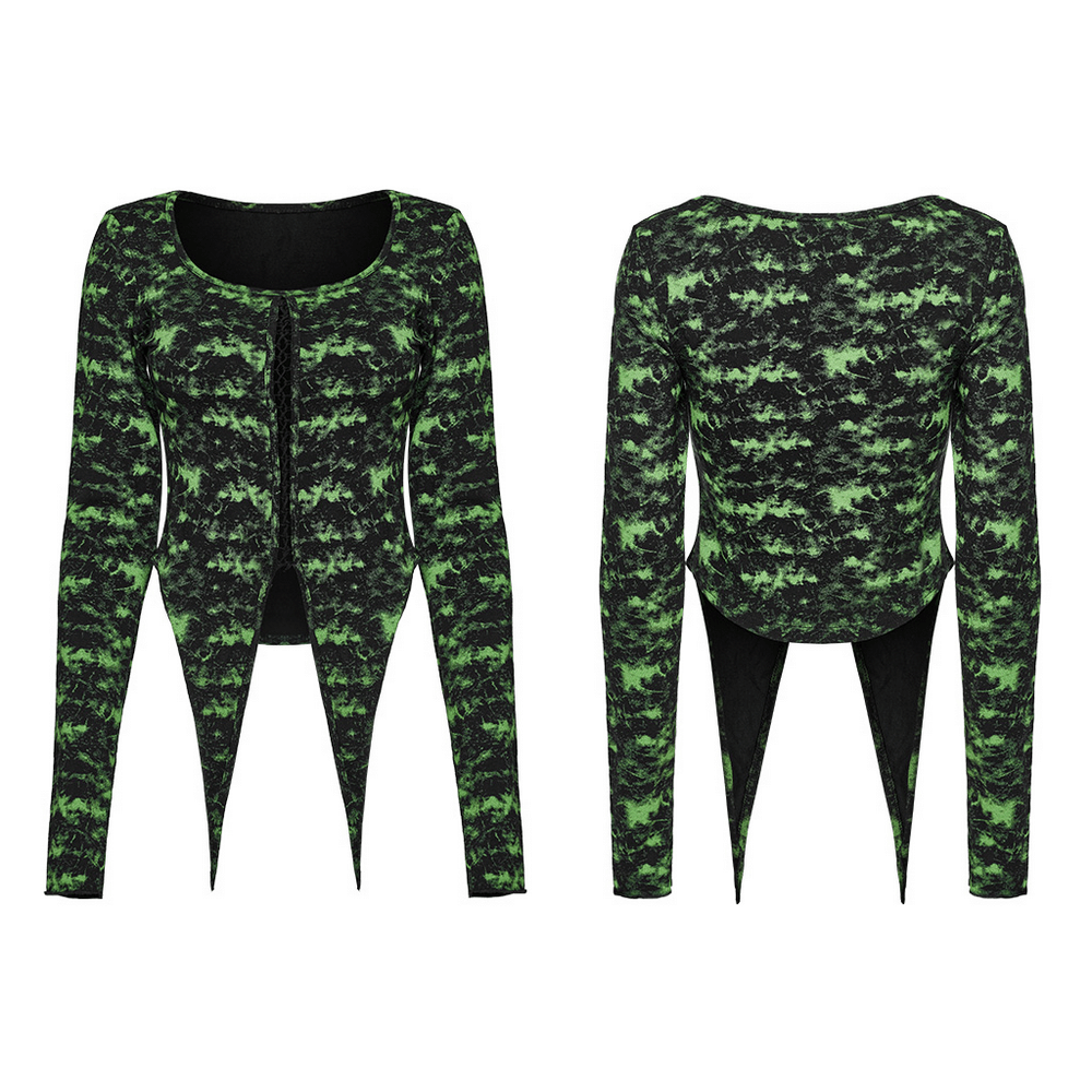 Edgy punk long sleeve top with irregular pointed hem in black and green knit fabric.
