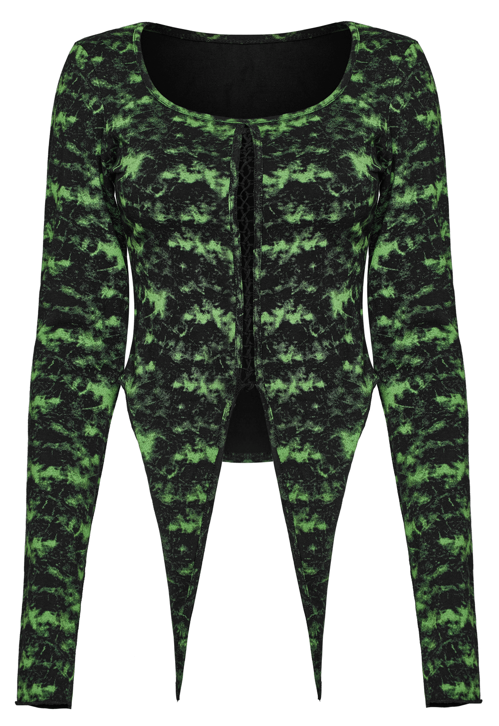 Edgy punk long sleeves knit top with irregular pointed hem in green, perfect for stylish daily wear.