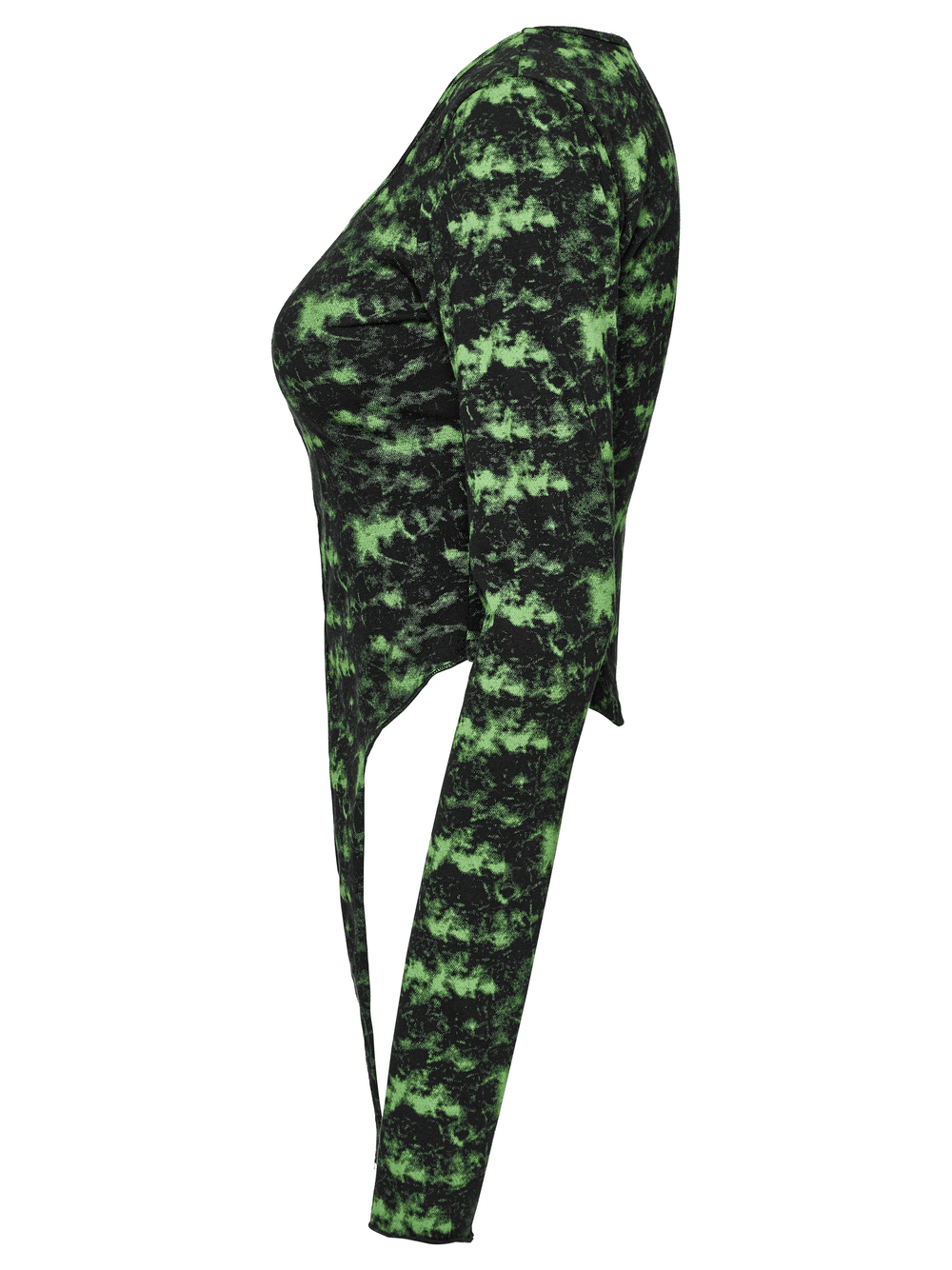 Edgy punk long sleeve knit top with irregular hem in vibrant green and black pattern