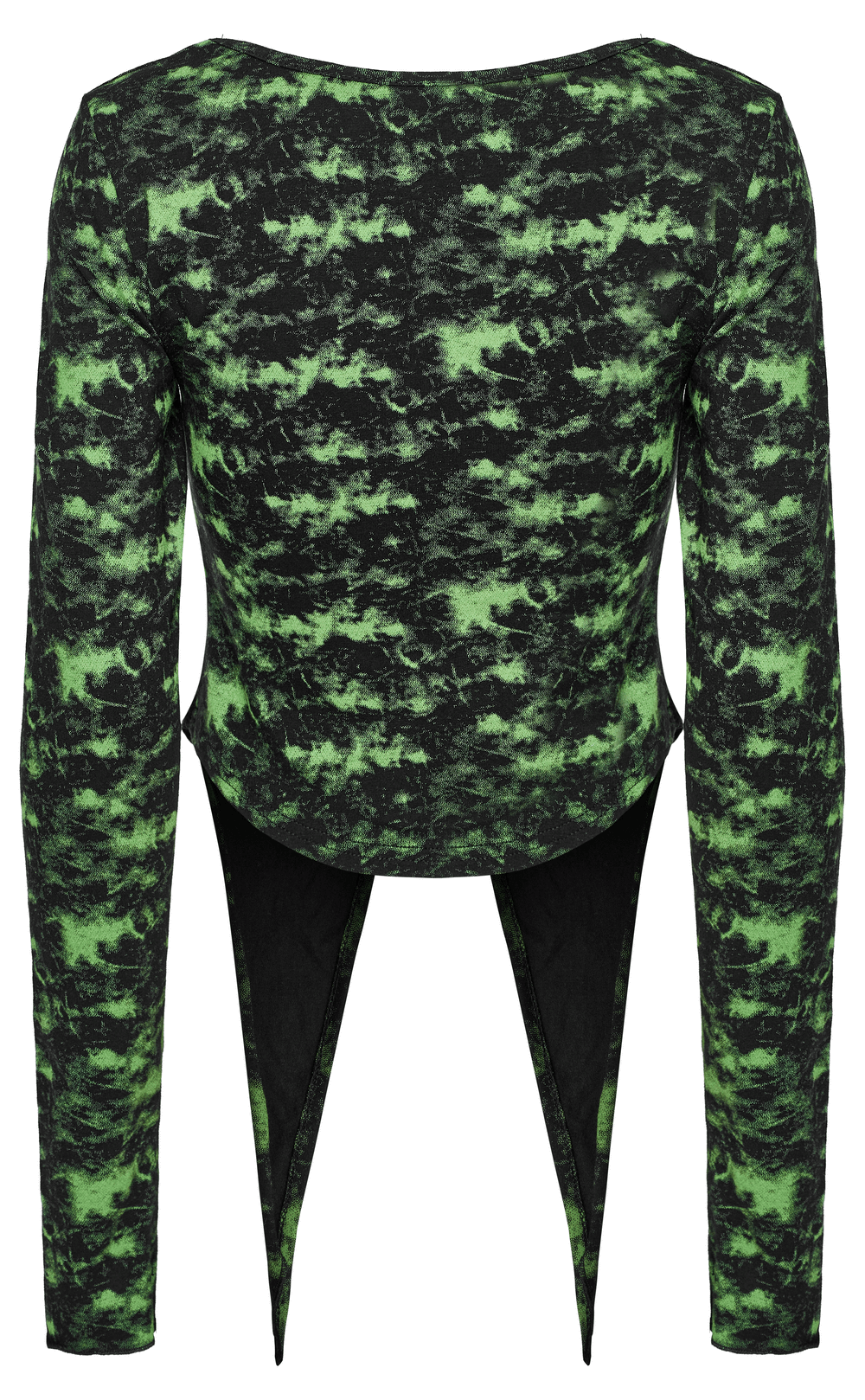 Back view of green and black edgy punk long sleeves knit top with irregular hem and stylish pointed detail.