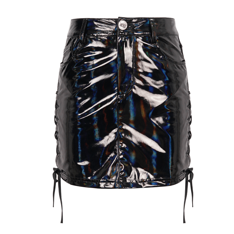 Fashion faux leather mini skirt with lace-up details, showcasing edgy gothic style and a bold look.