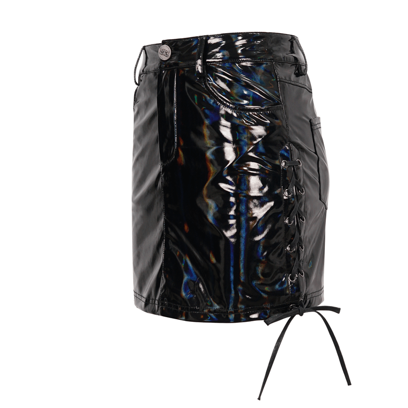 Gothic faux leather mini skirt with lace-up sides, bold edgy fashion for daring women, perfect for alternative style.