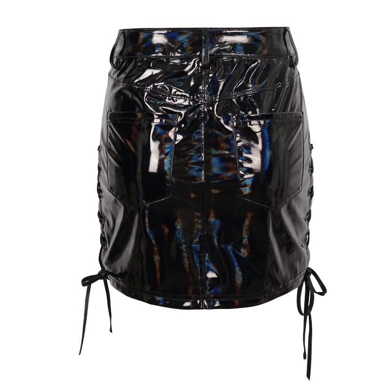 Edgy gothic faux leather mini skirt with lace-up details on both sides, perfect for alternative fashion lovers.