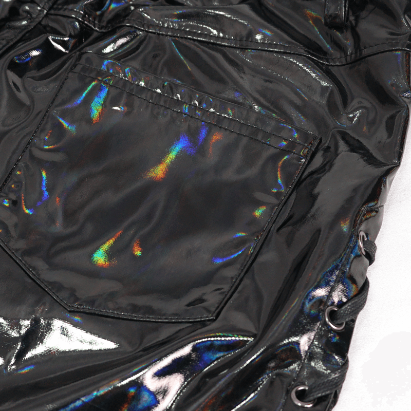 Close-up of a glossy black faux leather mini skirt with lace-up details, showcasing edgy style and sleek design.