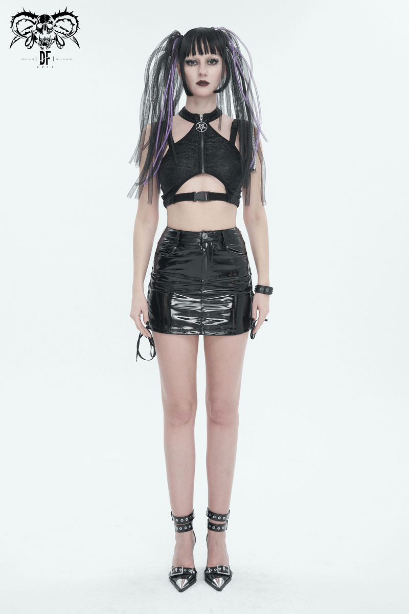 Gothic fashion model showcasing a faux leather mini skirt with lace-up details and edgy accessories.