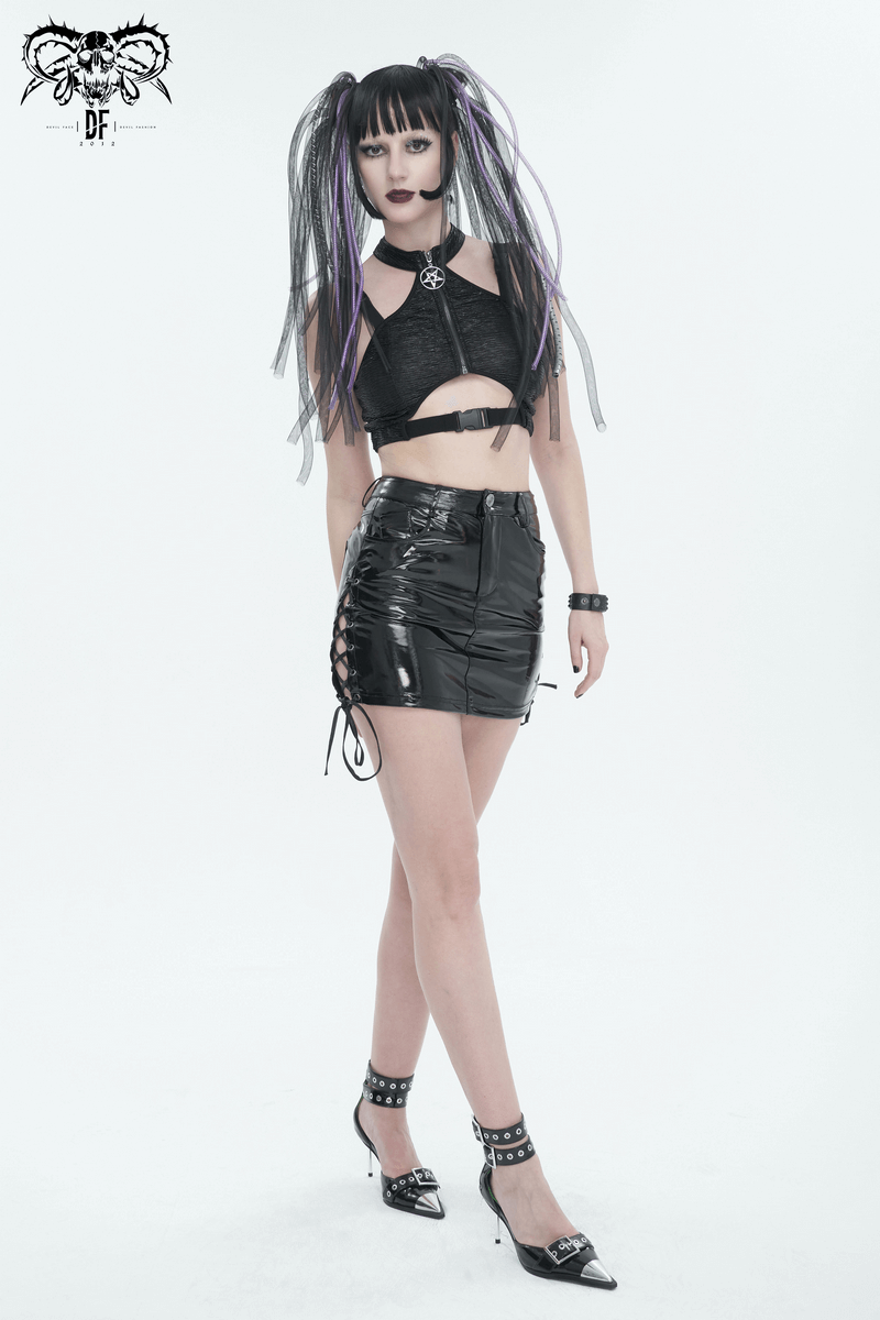 Gothic woman in a faux leather mini skirt with lace-up details, exuding edgy elegance and alternative fashion.