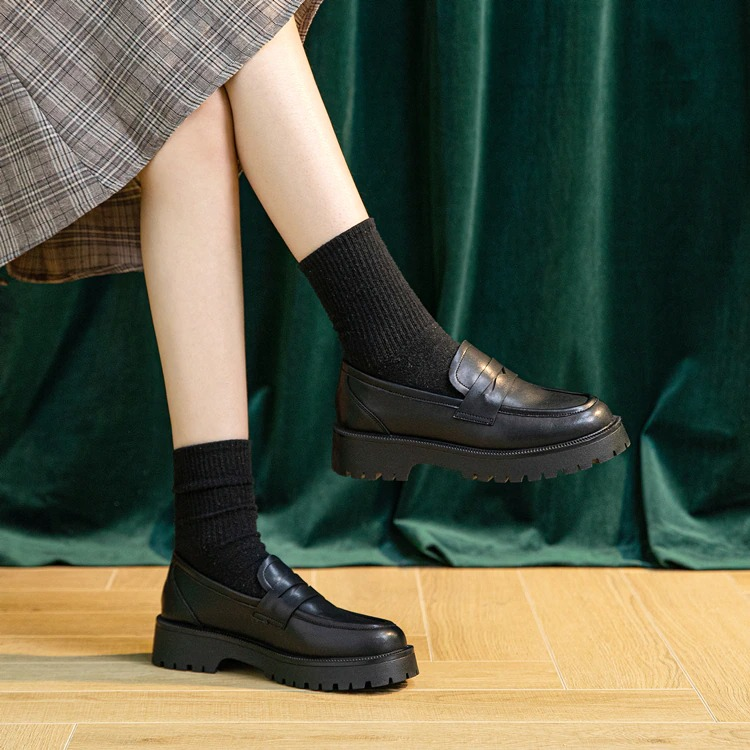 Fashion Female Genuine Leather Shoes / Casual Spring Loafers Thick-soled British Style - HARD'N'HEAVY