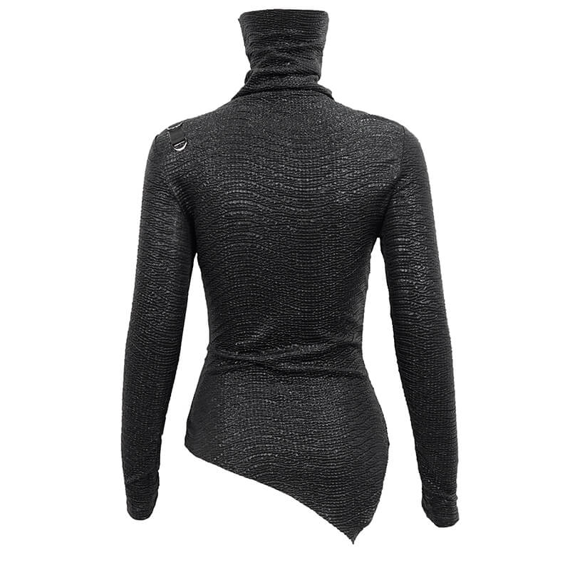 Black high collar slim top for women, featuring a stylish asymmetrical cut and a unique back design.