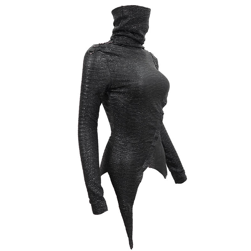 Fashion female high collar black top with asymmetrical cut and breathing mask insert, perfect for punk style outfits.