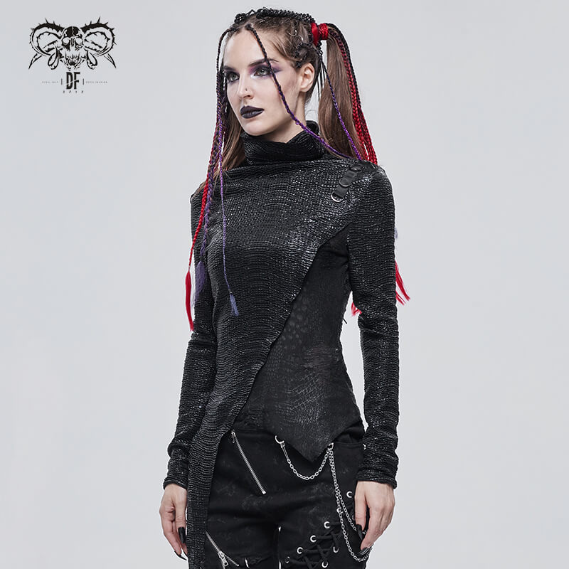 Fashionable women's black high collar top with asymmetrical design, perfect for punk style enthusiasts.