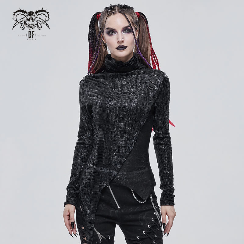 Punk style women's black high collar top with asymmetrical design and fitted cut, perfect for edgy fashion.