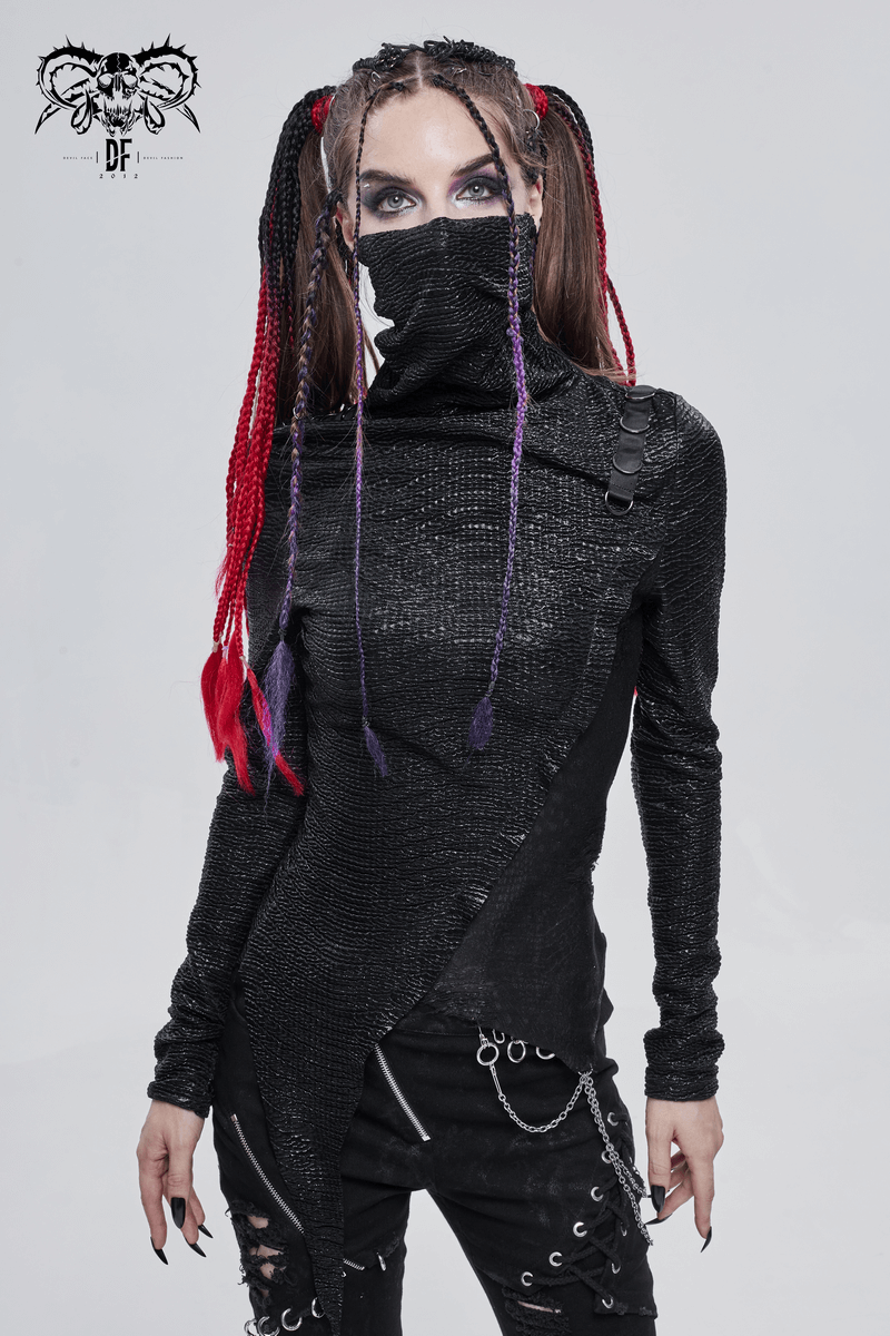 Punk style women's high collar black top with breathing mask and colorful braided hair, perfect for edgy fashion.