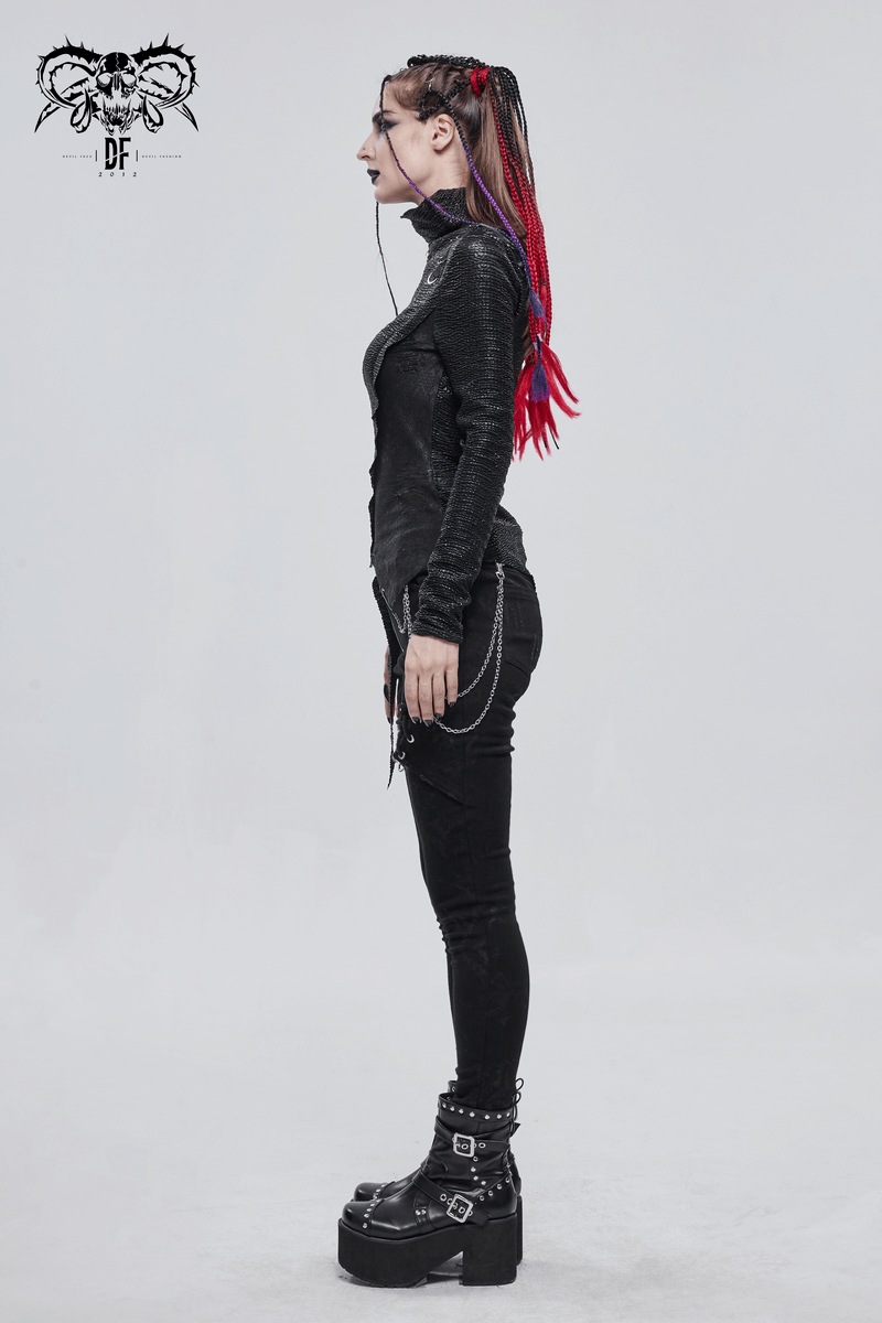Side view of a woman in a punk-style black high collar top and platform boots with vibrant braided hair.