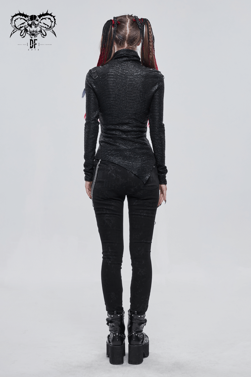 Stylish women’s punk top with high collar and breathing mask, paired with edgy black pants and chunky heels.