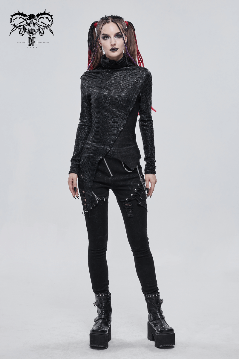 Punk style black high collar top with fitted cut, paired with edgy pants and platform boots for a bold fashion statement.