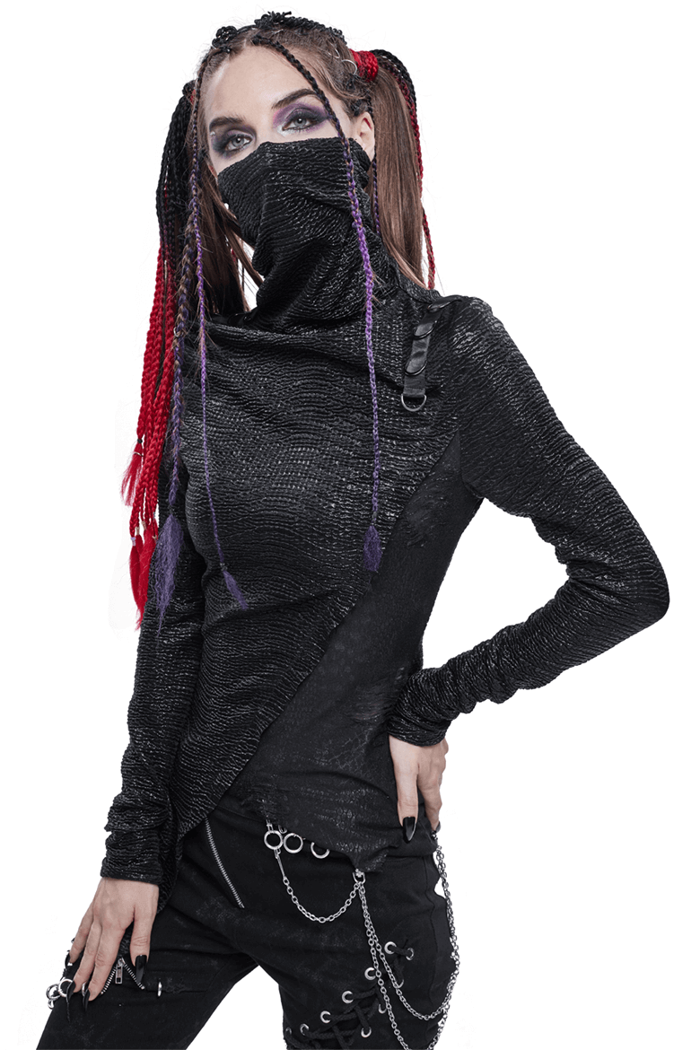 Punk stylish female model in a black high collar top with breathing mask, showcasing a trendy and edgy fashion look.