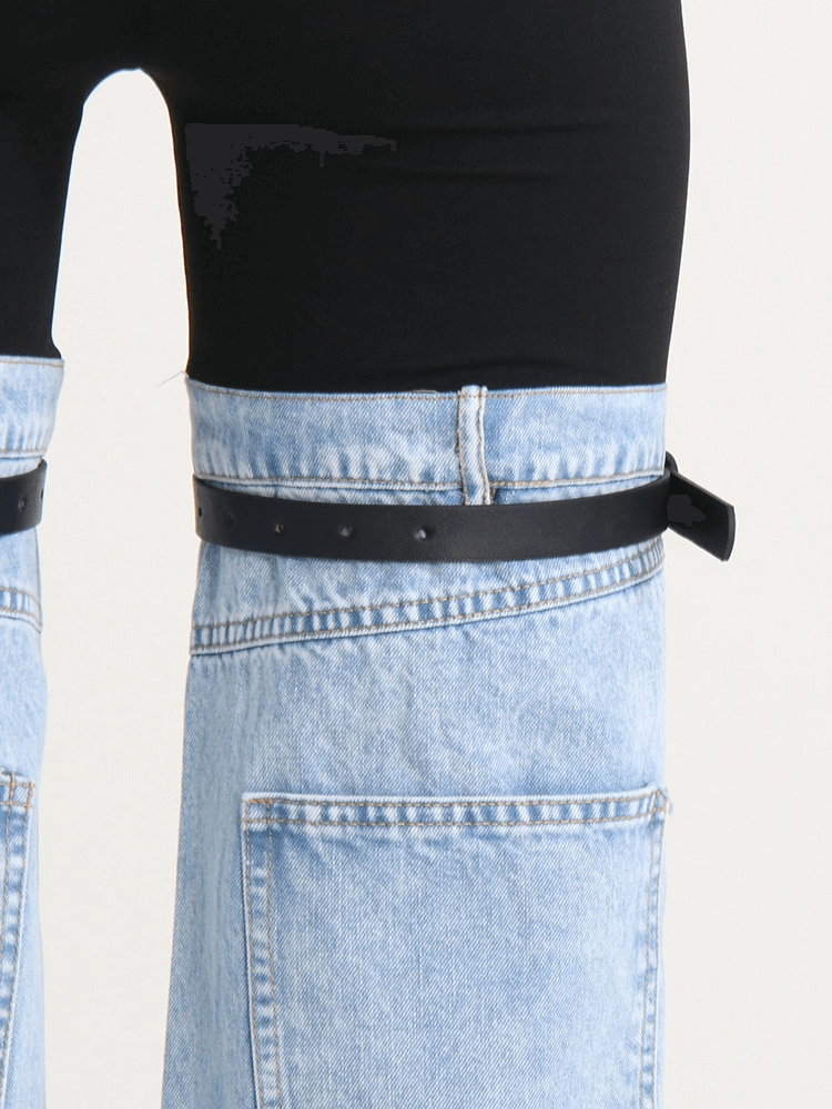 Stylish women's high waist spliced denim pants with pockets and belt detail, perfect for a trendy casual look.