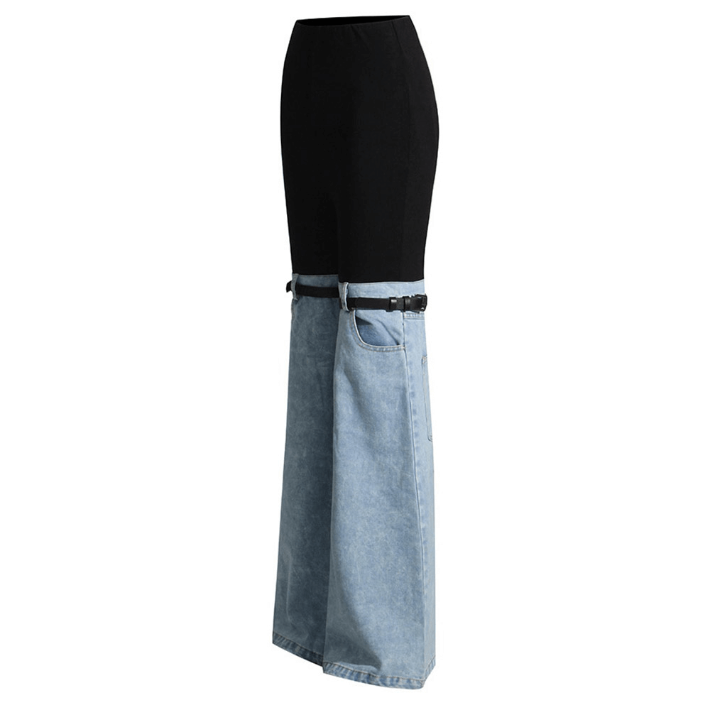 Fashion female high waist jeans with pockets, spliced denim, bold wide leg design for trendy casual looks.