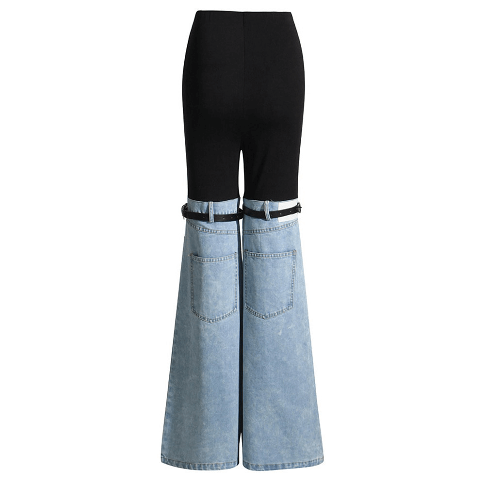 Trendy women's high waist spliced denim wide leg pants with pockets, showcasing a chic black and blue design.