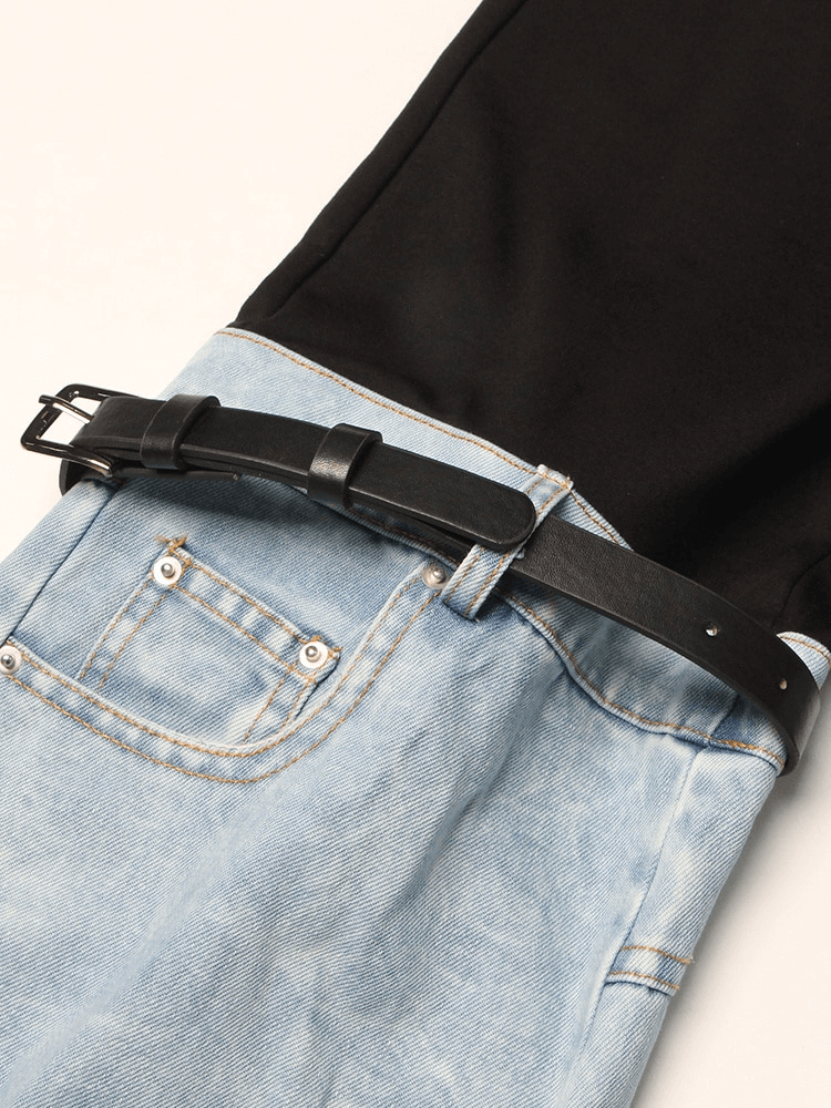 Fashion female high waist wide leg jeans with pockets and a stylish belt, showcasing a spliced denim design.