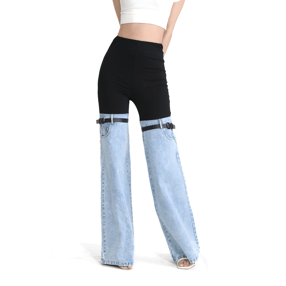 Fashionable women's high waist spliced denim wide leg pants with pockets in a stylish design.