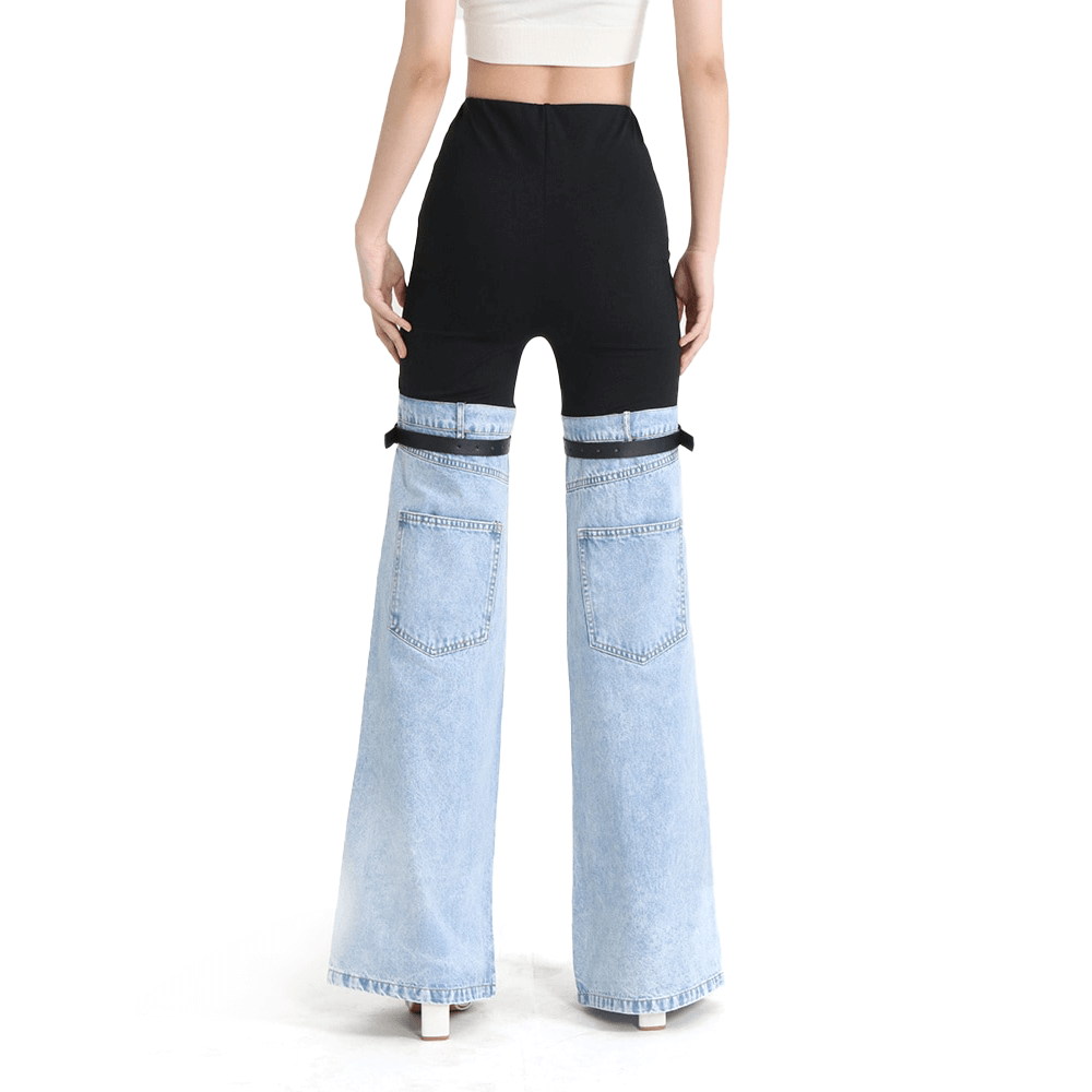 Back view of women’s high waist spliced denim wide leg jeans with pockets, combining casual chic and bold fashion.