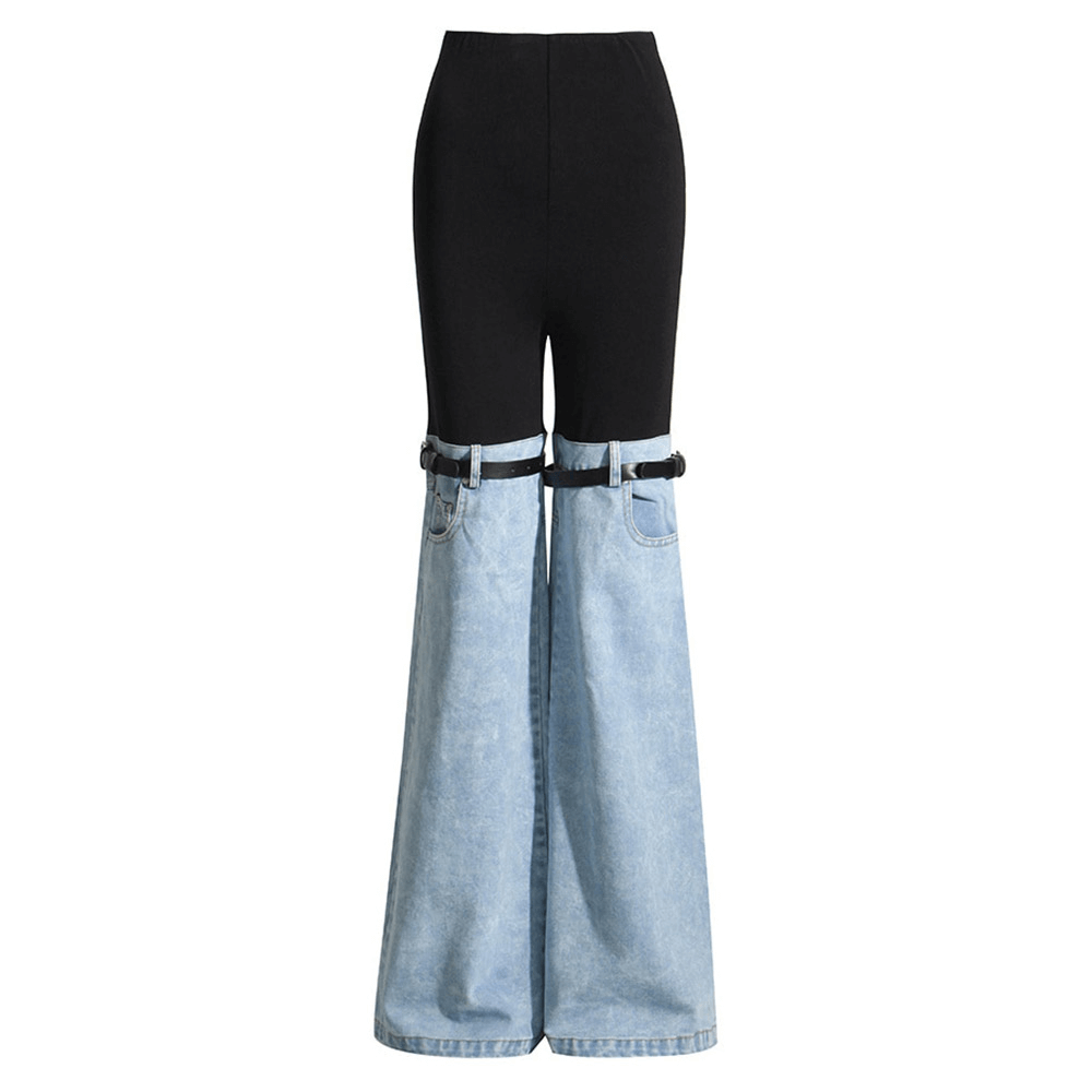 High waist spliced denim wide leg pants for women, combining black fabric and light blue denim for a chic casual look.