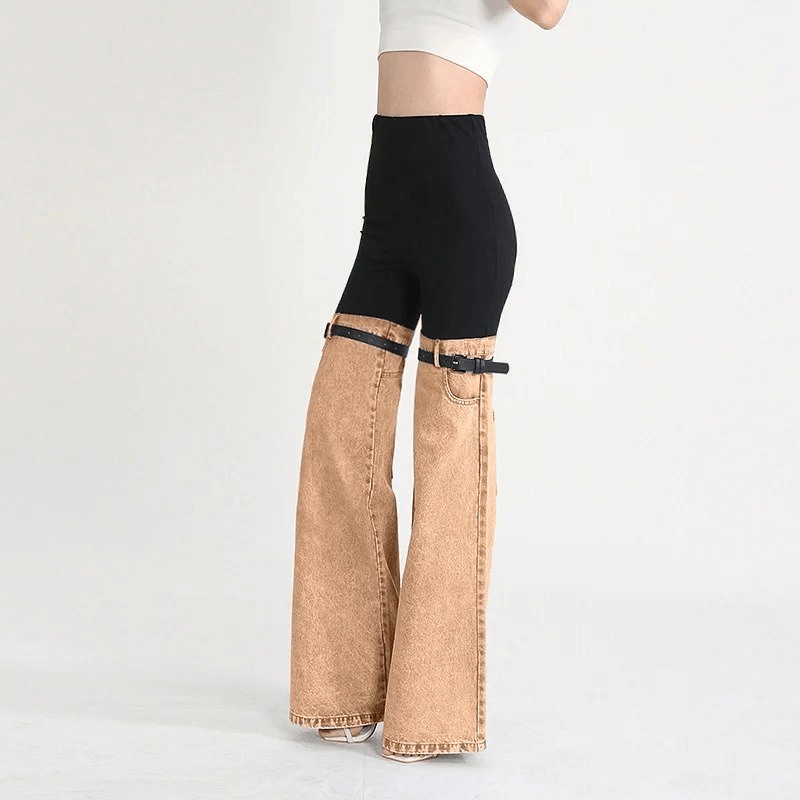 Chic high waist wide leg jeans for women, featuring spliced denim in trendy color blocks and stylish pockets.