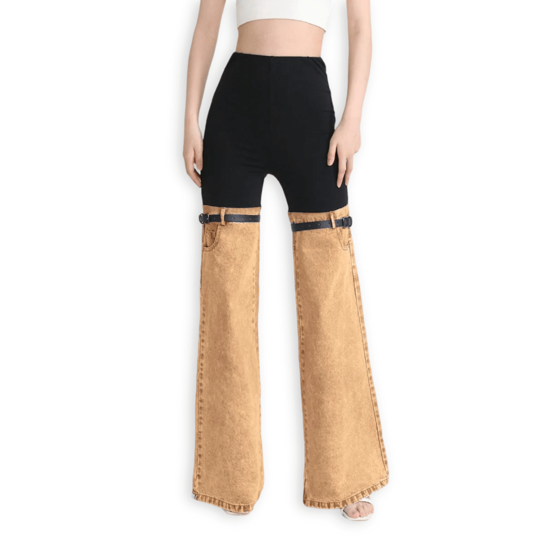 Fashion Female High Waist Jeans with Pockets / Spliced Denim Hit Color Wide Leg Pants For Women
