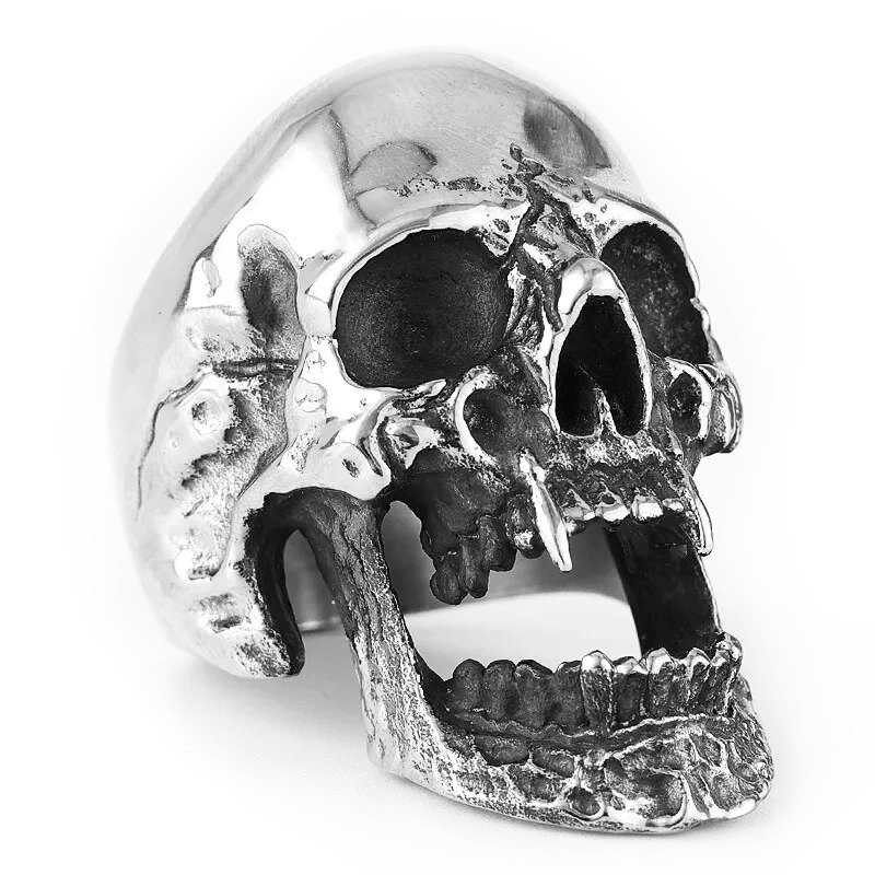Stylish gothic vampire skull ring in stainless steel, perfect for unisex biker fashion statements.