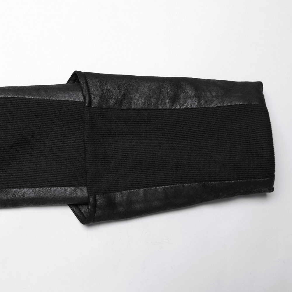 Close-up of the sleeve of a black hooded Gothic wizard coat for men, showcasing cracked texture leather and a jacquard fabric blend.