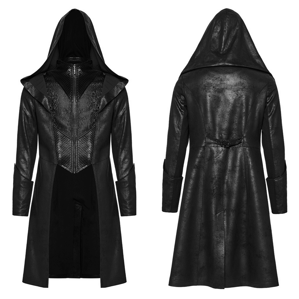 Men's Hooded Gothic Wizard Coat in black cracked leather, featuring a sleek design and practical pockets. Perfect for dark style lovers.