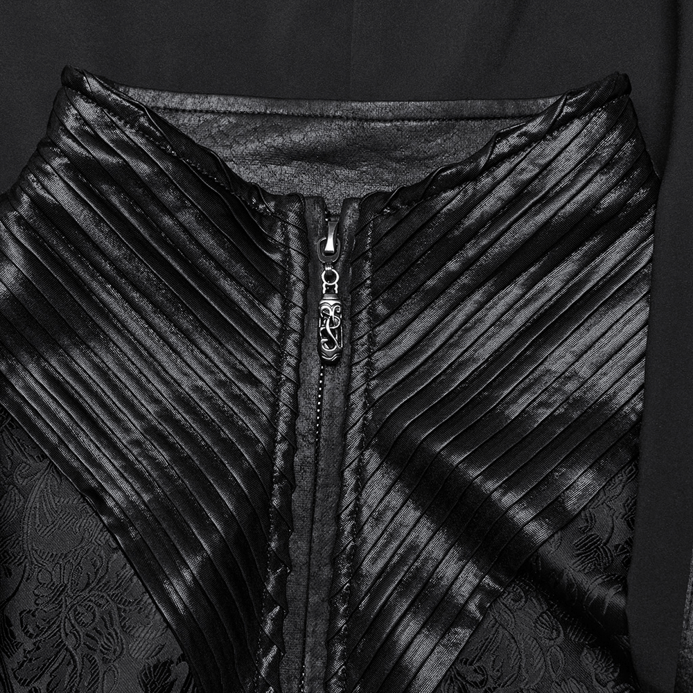 Close-up of the pleated fabric and zipper detail on a men's gothic hooded wizard coat.