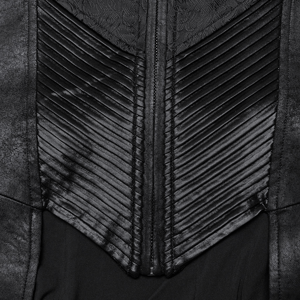 Close-up of the textured front design and zipper of a dark Gothic wizard coat, showcasing intricate fabric detailing.