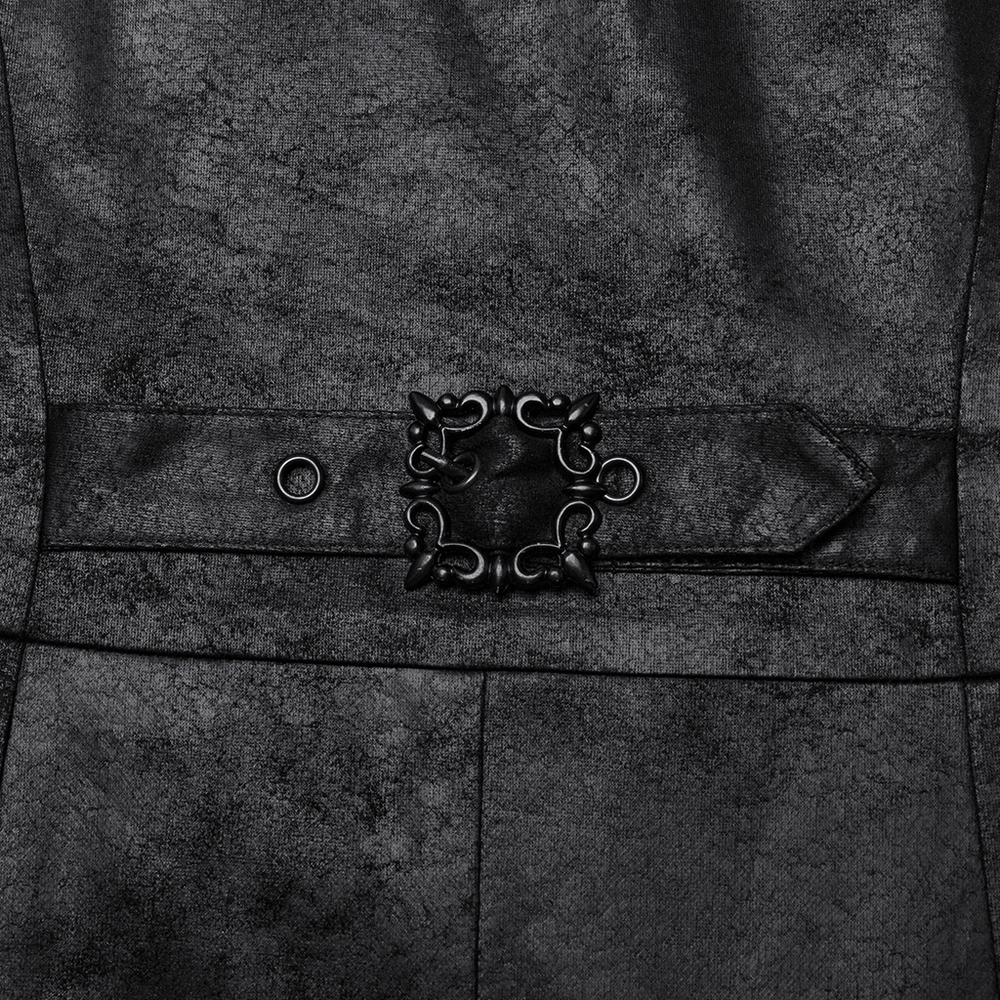 Close-up of the intricate buckle detail on the waist of a dark leather gothic wizard coat for men.