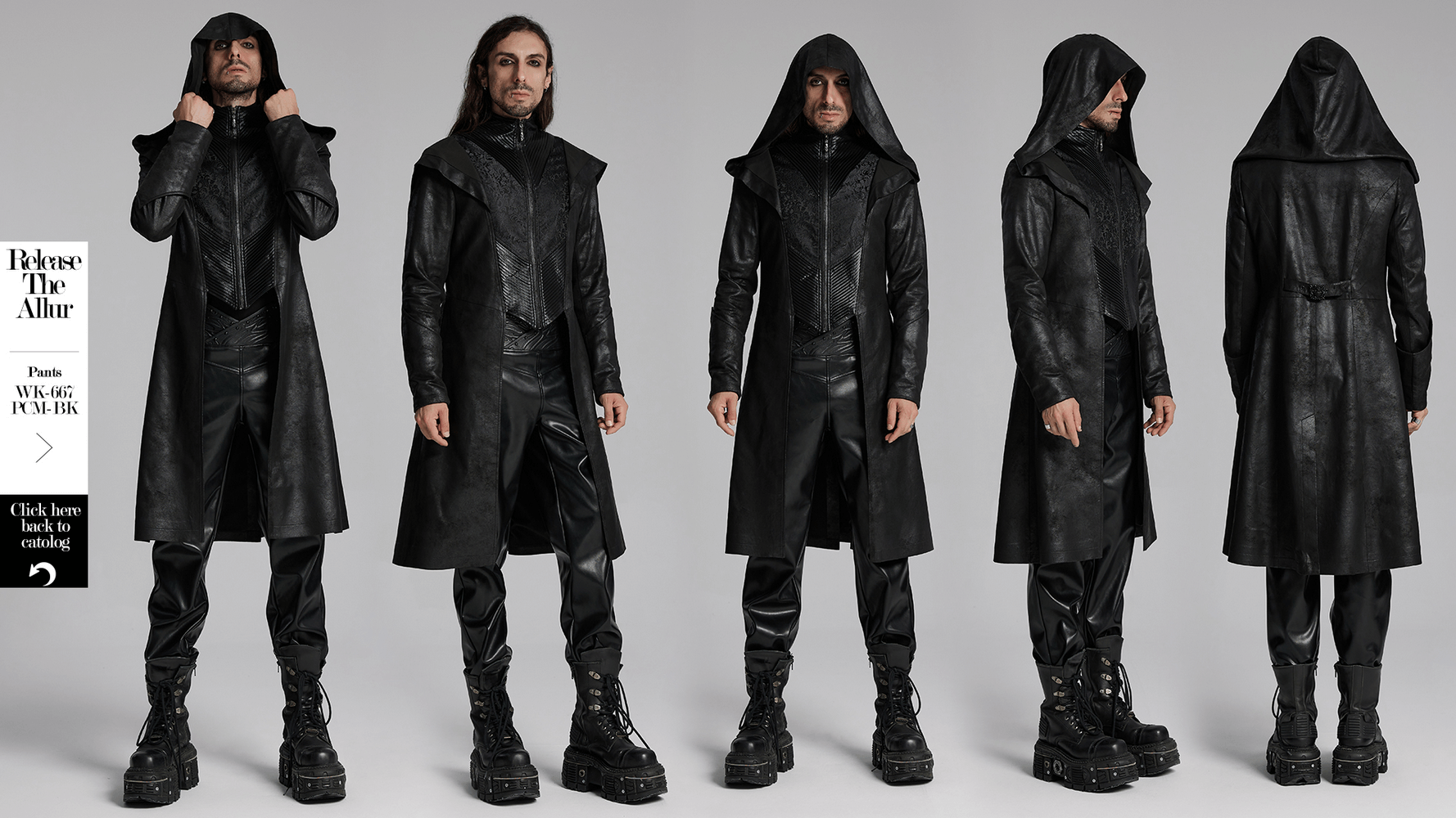 Fashionable men’s hooded gothic wizard coat showcasing sleek design and dark mystique from multiple angles.