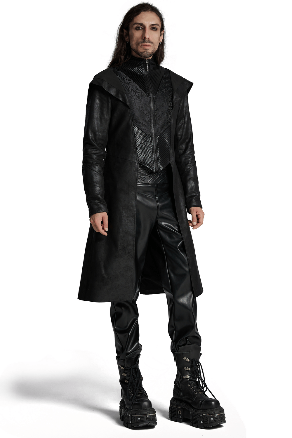 Model wearing a dark hooded gothic wizard coat with sleek design and black leather pants, exuding a mysterious allure.