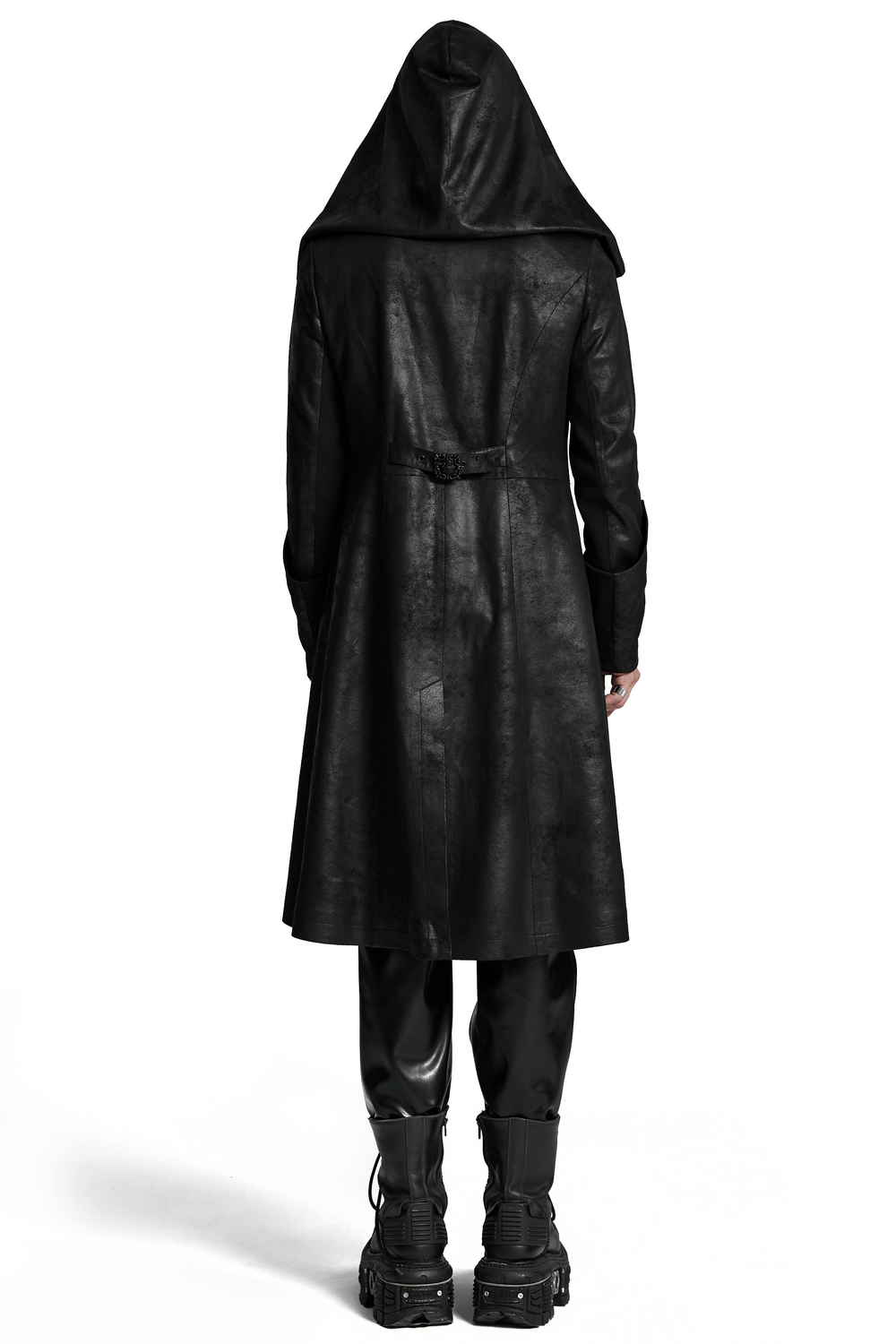 Back view of Men's Hooded Gothic Wizard Coat with cracked leather texture and tailored design for a dark, stylish look.