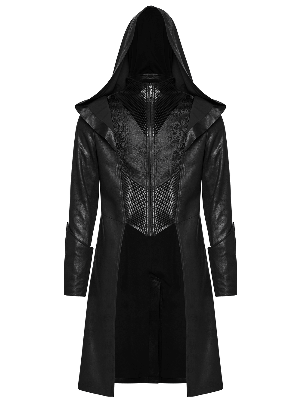 Men's Hooded Gothic Wizard Coat featuring cracked leather texture and jacquard weaving, perfect for a dark, mysterious style.