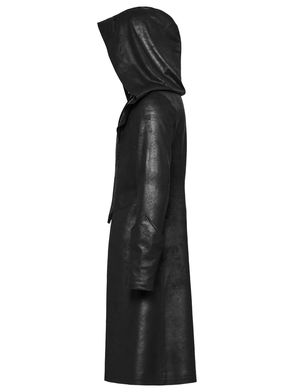 Side view of a black hooded gothic wizard coat for men, showcasing cracked texture leather and a sleek silhouette.