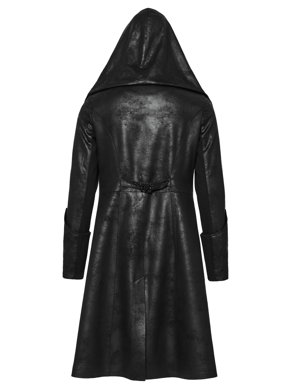 Back view of a men's hooded gothic wizard coat in cracked texture leather, featuring a sleek design and adjustable waist loop.