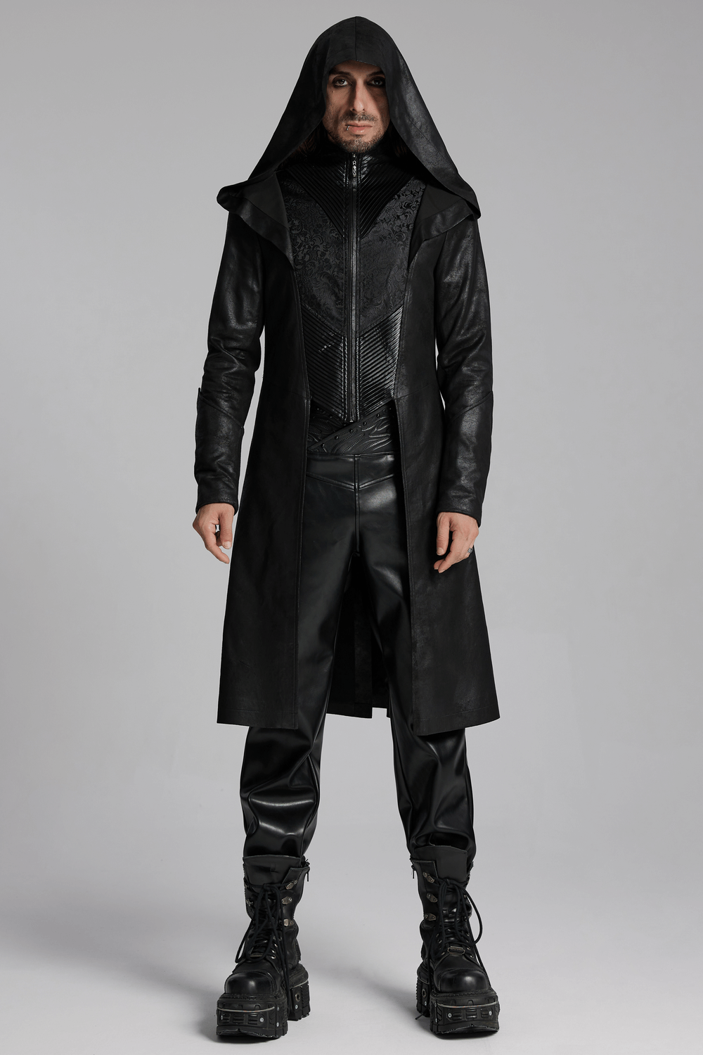 Men’s hooded gothic wizard coat in black leather with a sleek design, perfect for a mysterious and stylish look.