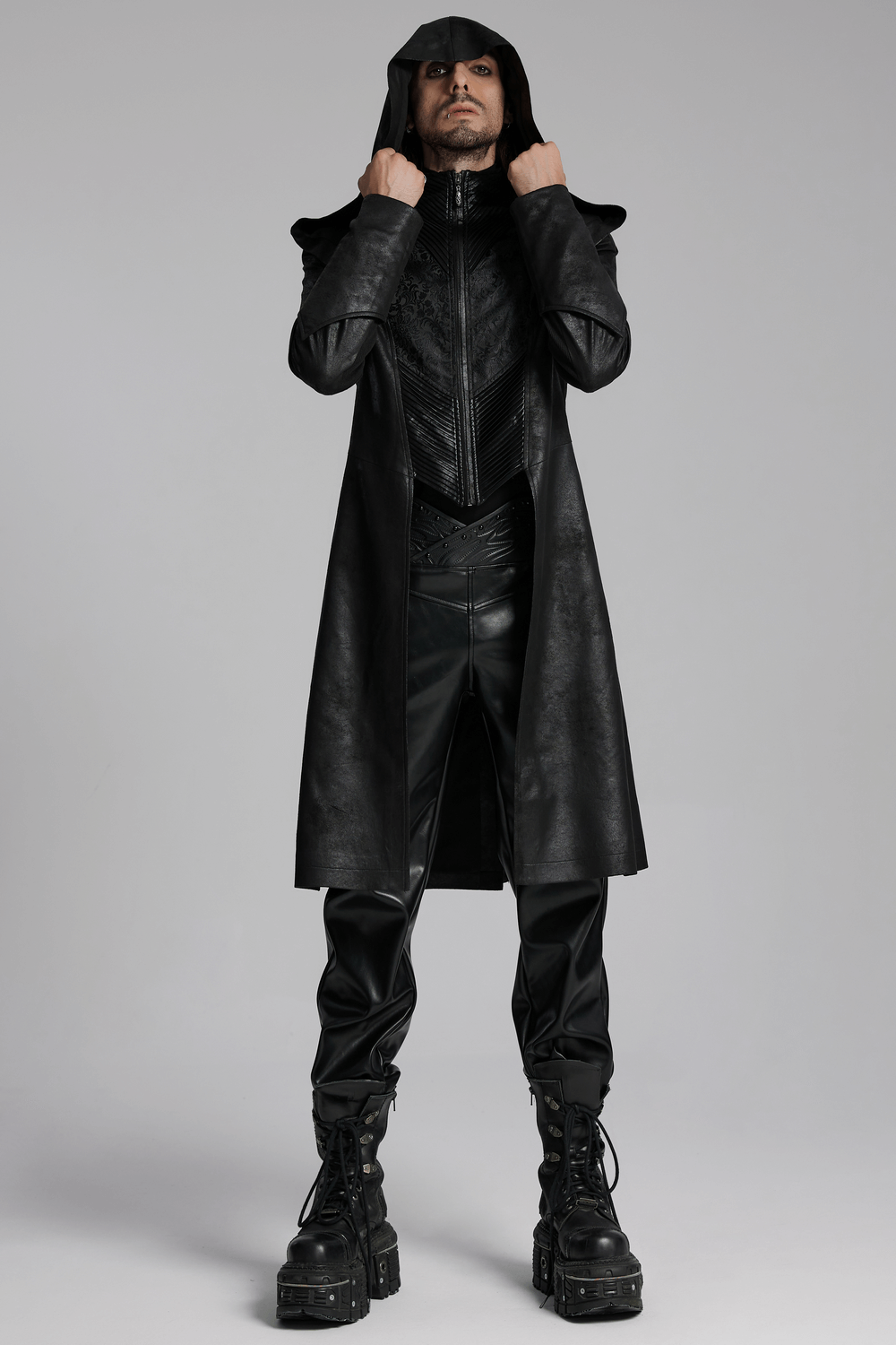 Dark hooded gothic wizard coat for men, showcasing cracked texture leather and a sleek, mysterious design.