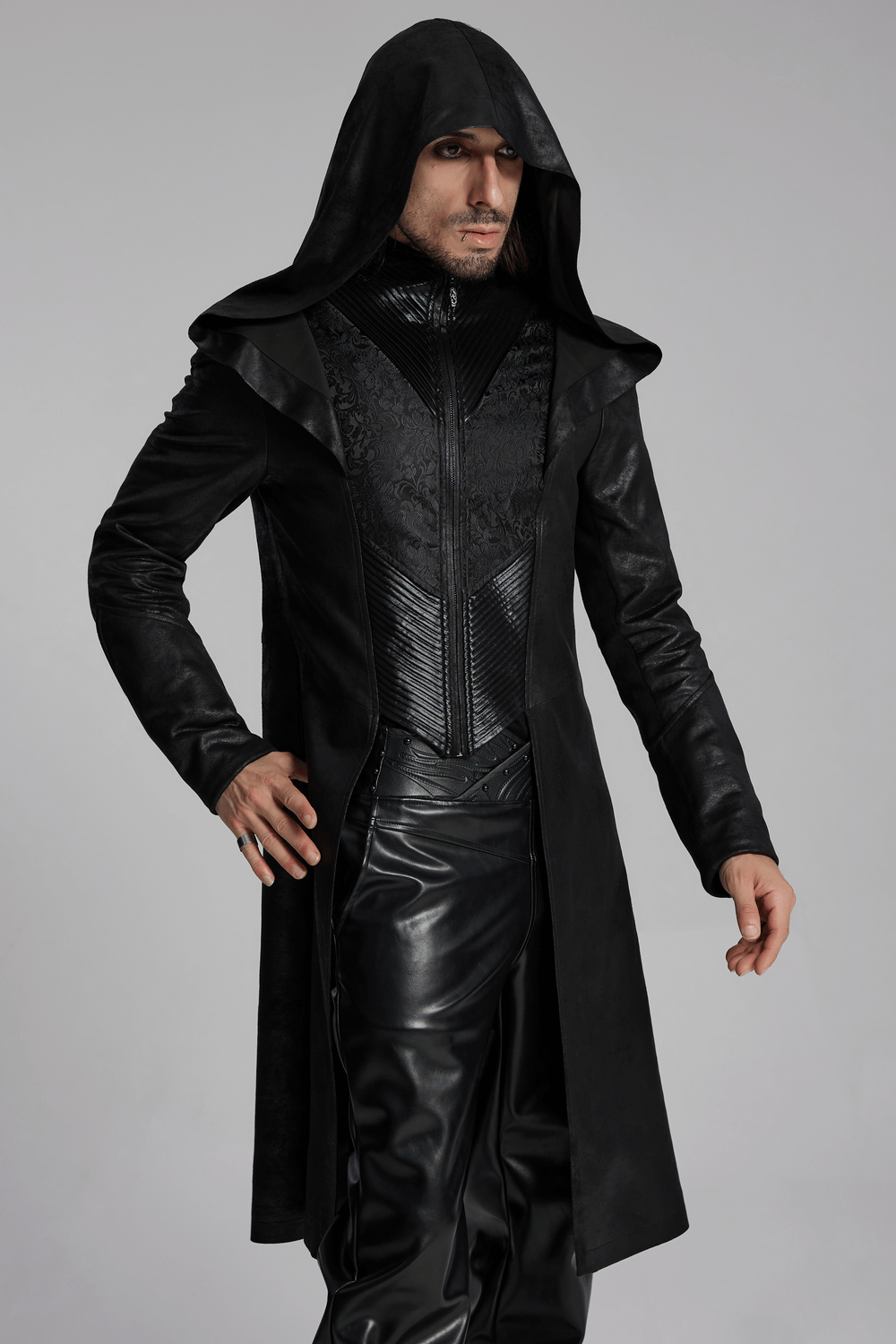 Dark hooded gothic wizard coat for men, featuring cracked leather and a sleek design. Perfect for a mysterious look.